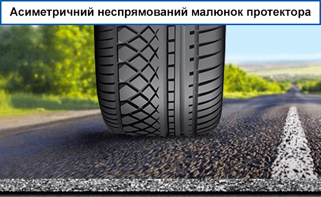 Приклад шини з асиметричним неспрямованим малюнком протектора