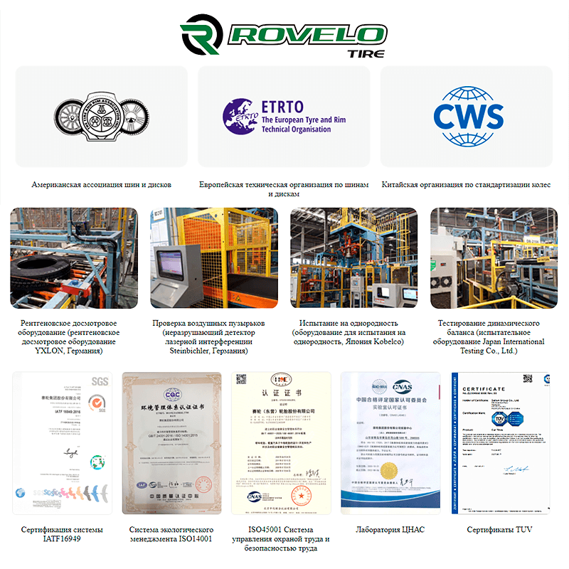Шины Rovelo контроль качества и сертификаты IATF16949, ISO14001, ISO45001, ECE, DOT, INMETRO, GCC