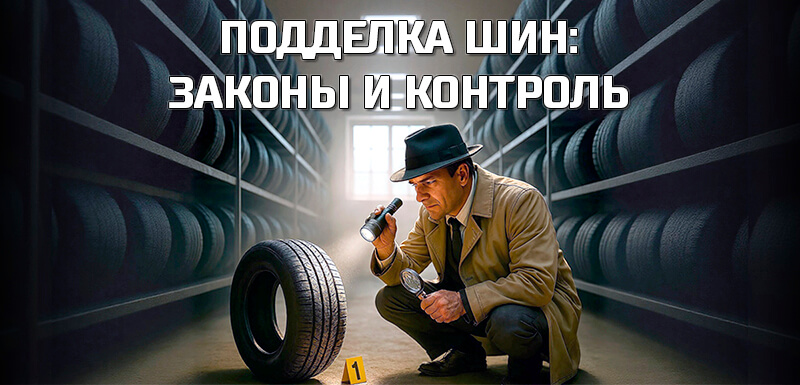 Обложка &laquo;Подделка шин: законы и контроль&raquo; &mdash; детектив с фонариком осматривает одинокую шину в рядe складских покрышек