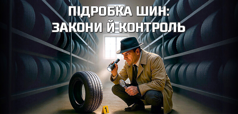 Обкладинка &laquo;Підробка шин: закони й контроль&raquo; &mdash; детектив із ліхтариком оглядає самотню шину серед рядів складу