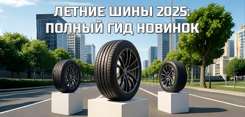 Обложка статьи &laquo;Летние шины 2025: полный гид новинок&raquo; &mdash; три модели шин на подиумах в солнечном городе