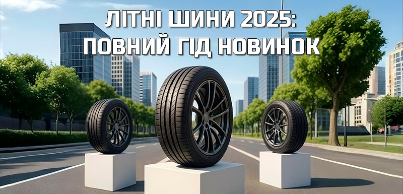 Обкладинка статті «Літні шини 2025: повний гід новинок» — три моделі шин на подіумах у сонячному місті