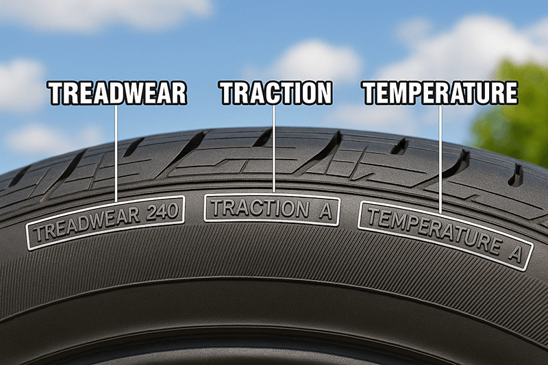 Маркування UTQG на боковині: Treadwear 240, Traction A, Temperature A — як виглядає блок під час огляду шини.