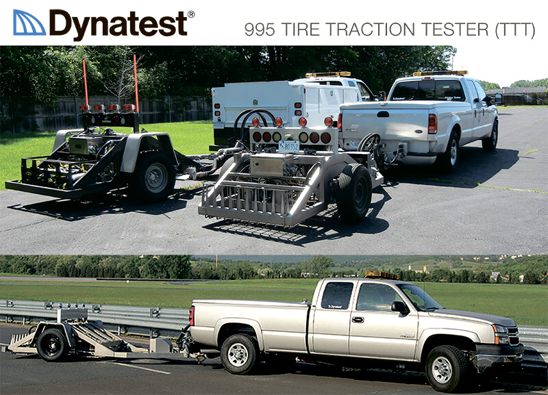 Причіп Dynatest 995 TTT для вимірювання зчеплення на мокрій дорозі, що буксирується пікапом; приклад обладнання для тесту UTQG Traction.